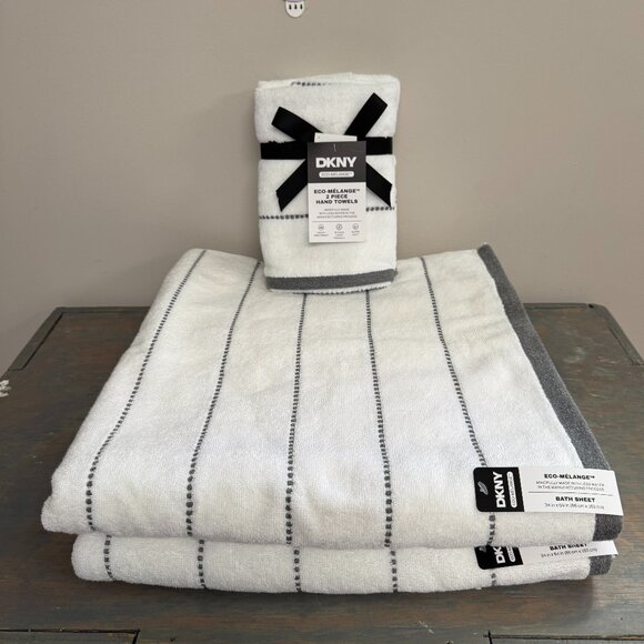 4Pc DKNY Bath Towels White Gray Stripes Striped Eco Friendly Hand Bath Towel Set - Picture 1 of 9